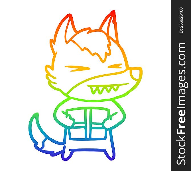 Rainbow Gradient Line Drawing Angry Christmas Wolf Cartoon