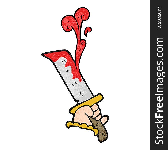 freehand textured cartoon hand with bloody dagger
