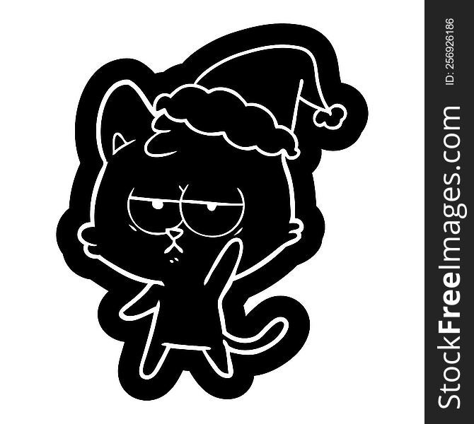 Bored Cartoon Icon Of A Cat Wearing Santa Hat