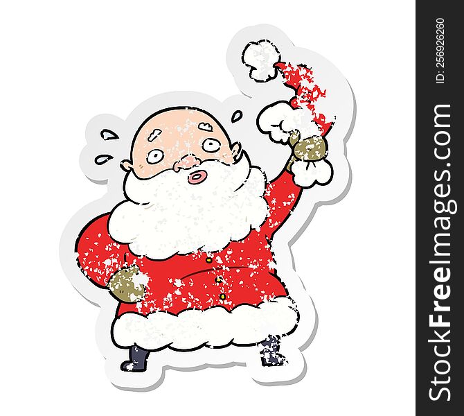 distressed sticker of a cartoon santa claus waving hat