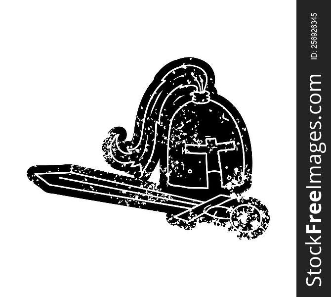 grunge distressed icon of a medieval helmet and sword. grunge distressed icon of a medieval helmet and sword