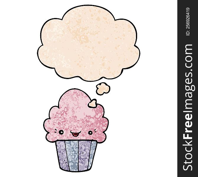 Cartoon Cupcake With Face And Thought Bubble In Grunge Texture Pattern Style
