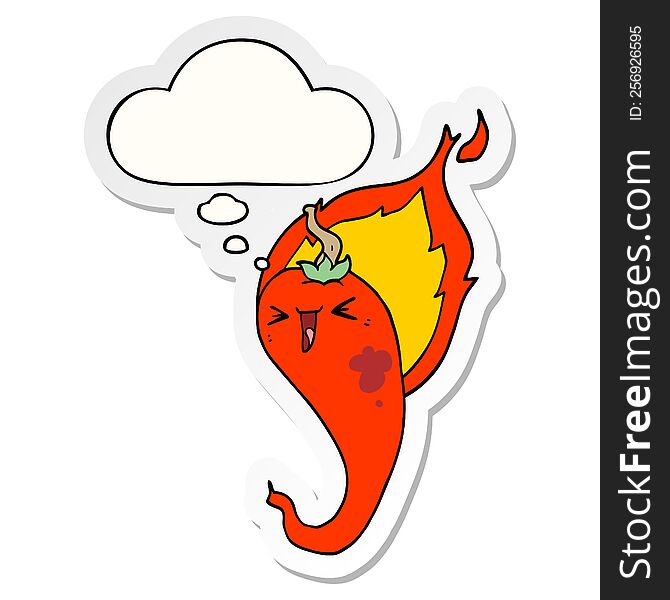 cartoon flaming hot chili pepper with thought bubble as a printed sticker
