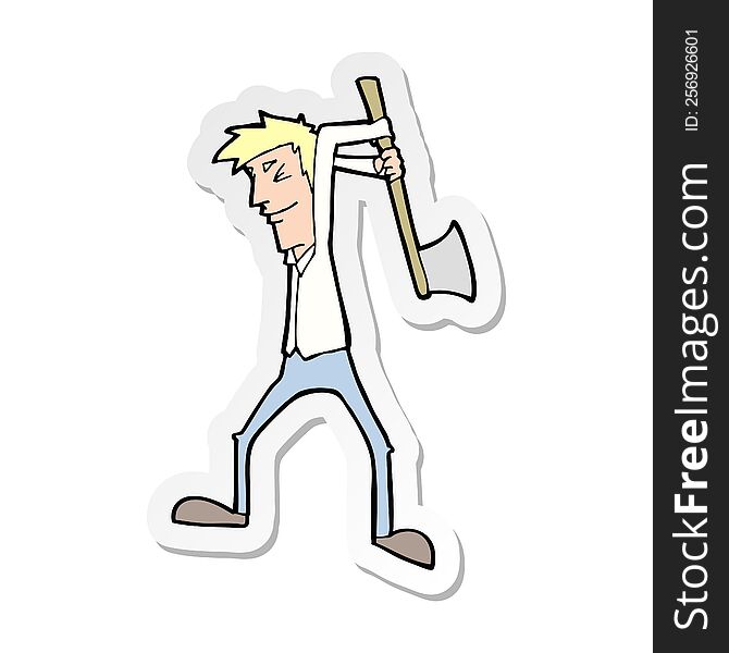 Sticker Of A Cartoon Man Swinging Axe