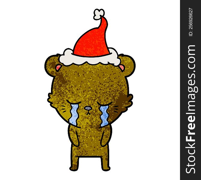 crying hand drawn textured cartoon of a bear wearing santa hat. crying hand drawn textured cartoon of a bear wearing santa hat
