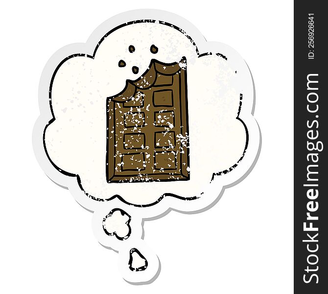 cartoon bar of chocolate with thought bubble as a distressed worn sticker