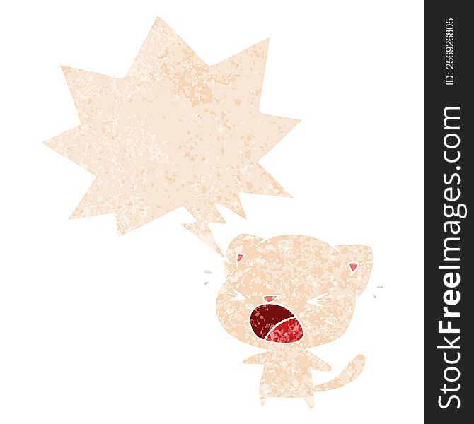 Cartoon Cat Crying And Speech Bubble In Retro Textured Style