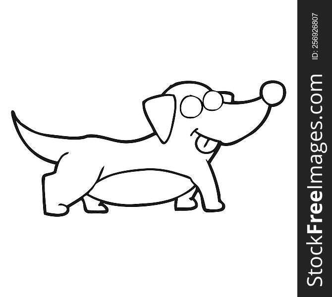 freehand drawn black and white cartoon happy little dog