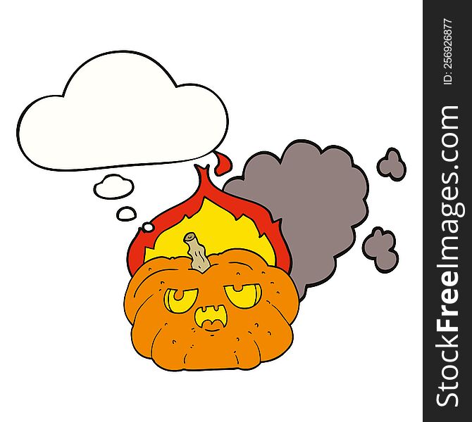 cartoon flaming halloween pumpkin with thought bubble