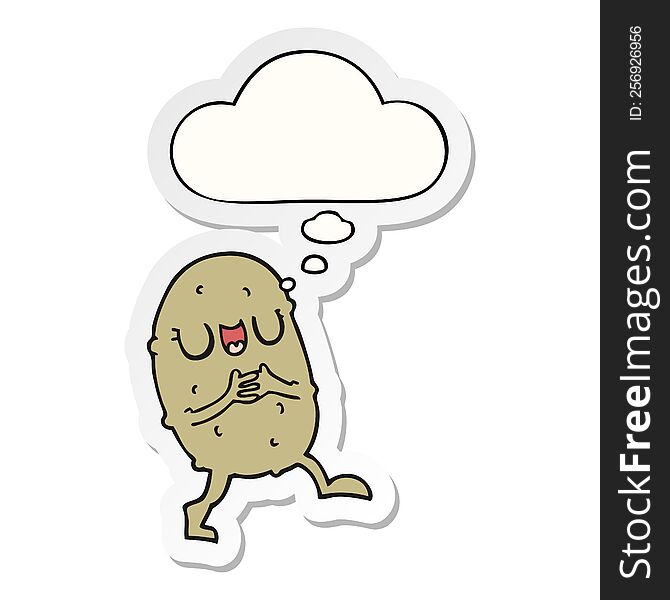 cartoon happy potato with thought bubble as a printed sticker