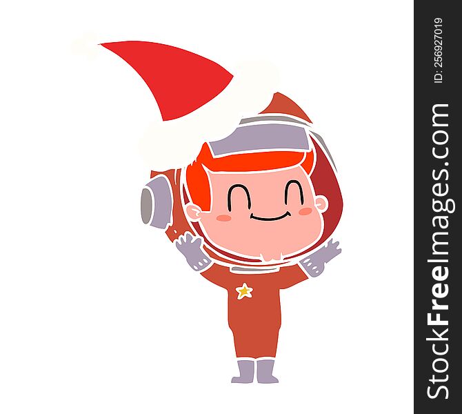 happy hand drawn flat color illustration of a astronaut man wearing santa hat