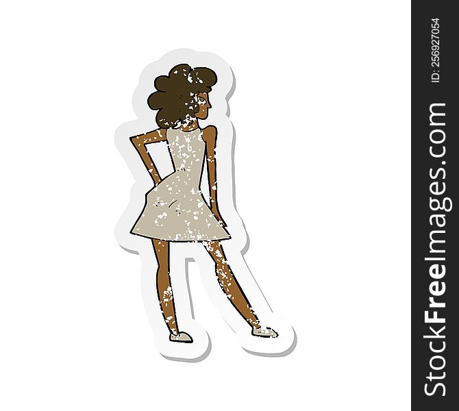 retro distressed sticker of a cartoon woman posing in dress