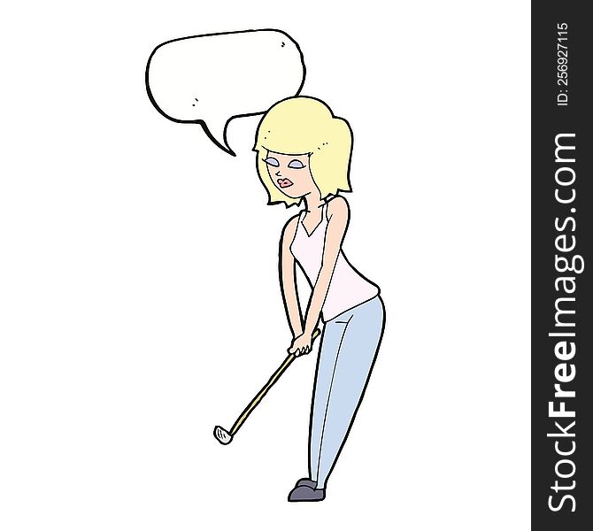 Cartoon Woman Playing Golf With Speech Bubble