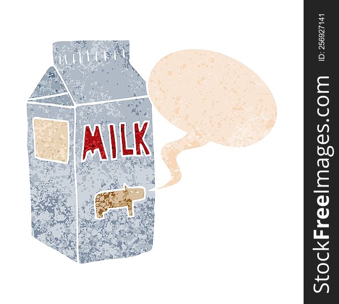 cartoon milk carton and speech bubble in retro textured style