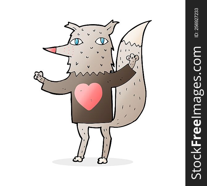 cartoon wolf with love heart tee