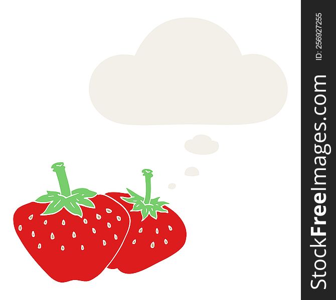 cartoon strawberry with thought bubble in retro style