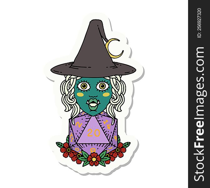 sticker of a half orc witch with natural twenty dice roll. sticker of a half orc witch with natural twenty dice roll