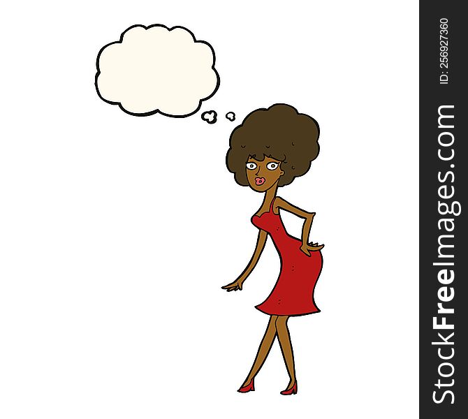 Cartoon Woman Posing In Dress With Thought Bubble