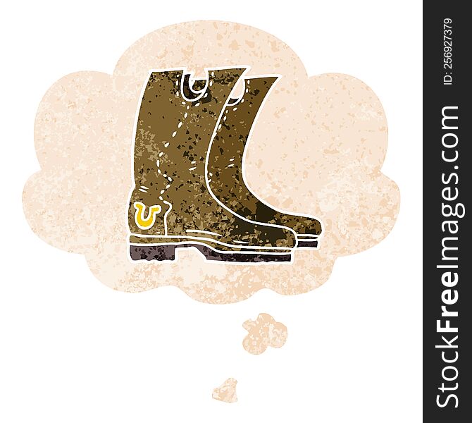 Cartoon Cowboy Boots And Thought Bubble In Retro Textured Style