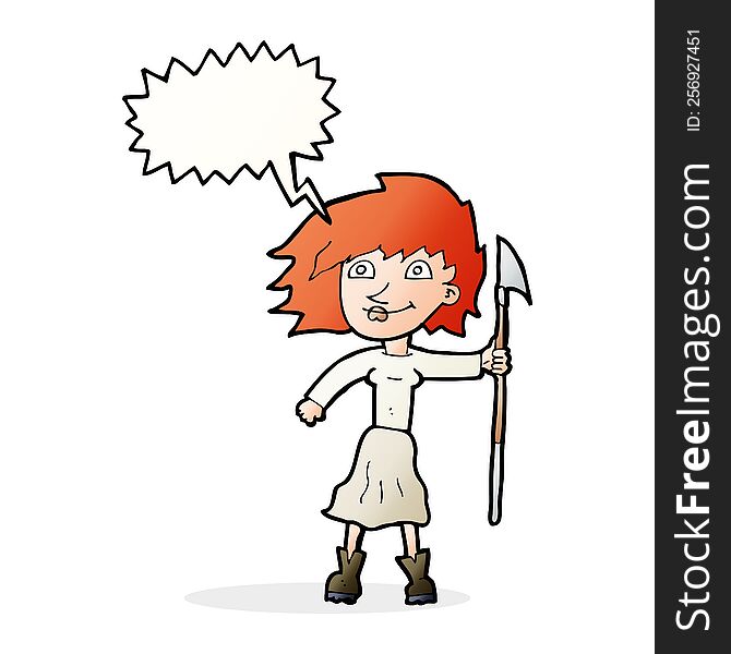 cartoon woman with spear with speech bubble