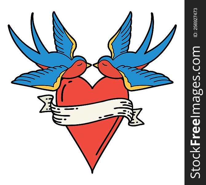 tattoo in traditional style of swallows and a heart with banner. tattoo in traditional style of swallows and a heart with banner