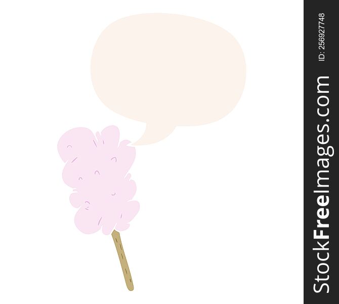 cartoon candy floss on stick and speech bubble in retro style