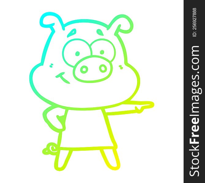 cold gradient line drawing of a happy cartoon pig