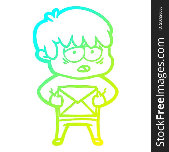 cold gradient line drawing of a cartoon exhausted boy with letter