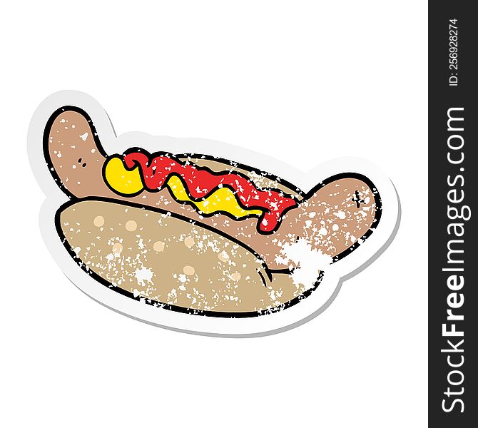 distressed sticker of a cartoon hot dog