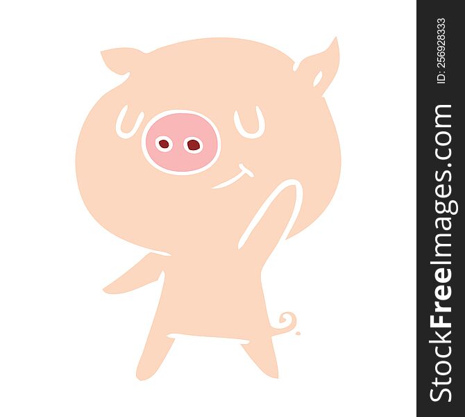 happy flat color style cartoon pig waving