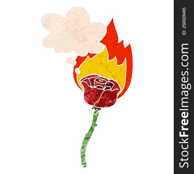 cartoon flaming rose and thought bubble in retro textured style