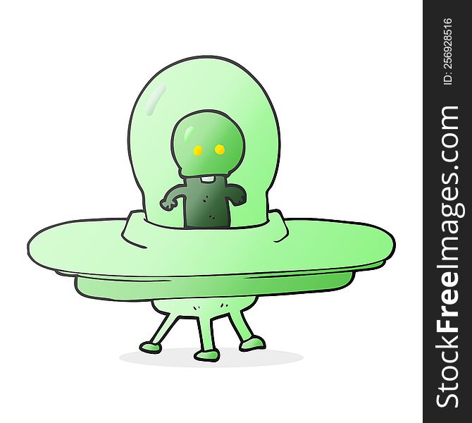 freehand drawn cartoon alien in flying saucer