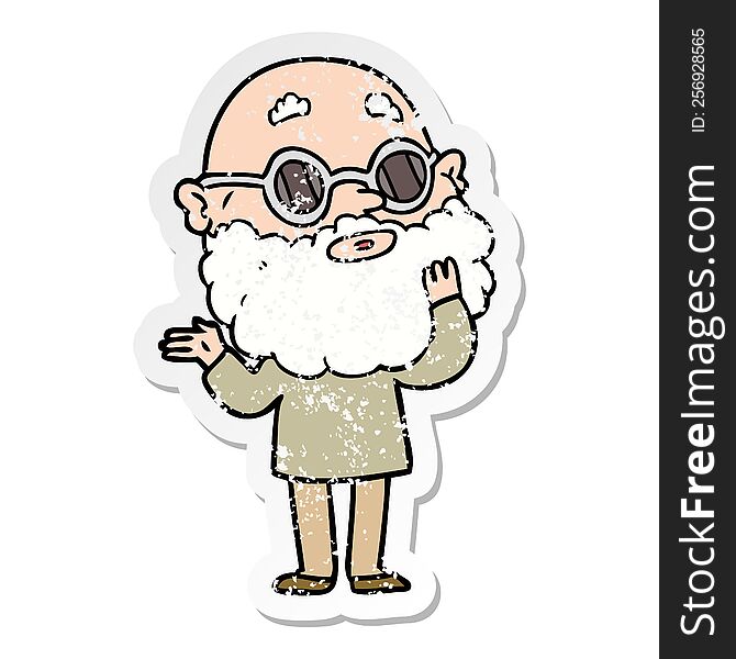 Distressed Sticker Of A Cartoon Curious Man With Beard And Glasses