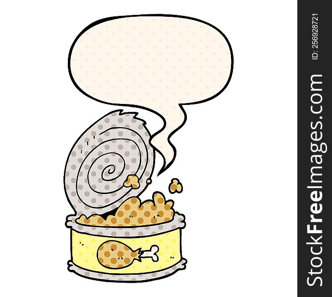 cartoon canned food with speech bubble in comic book style