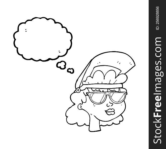 thought bubble cartoon woman with welding mask and glasses
