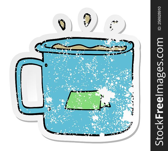 distressed sticker of a cartoon camping mug