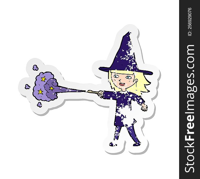 retro distressed sticker of a cartoon witch girl casting spell