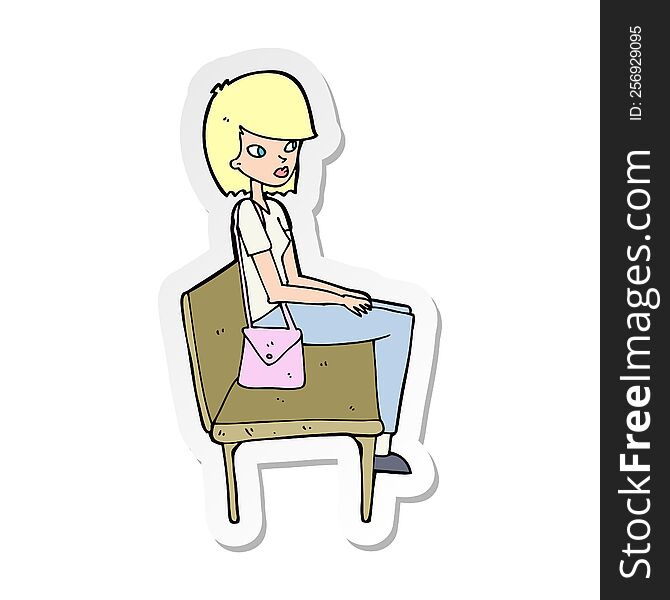 sticker of a cartoon woman sitting on bench