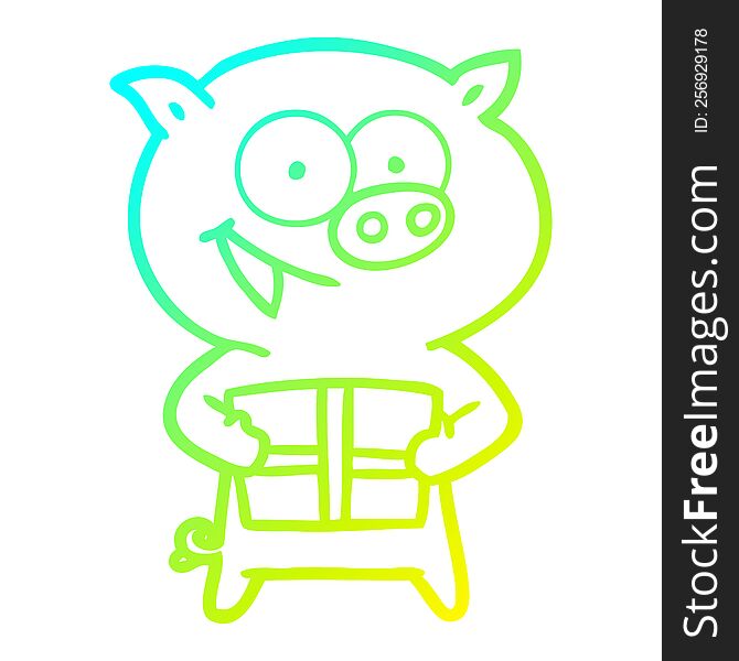 Cold Gradient Line Drawing Cheerful Pig With Christmas Gift