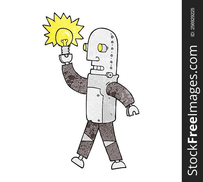 freehand textured cartoon robot with light bulb
