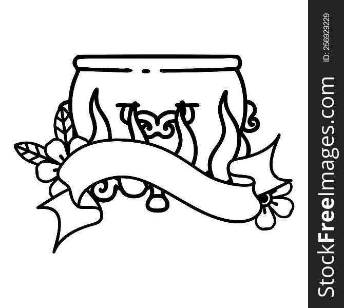 Black Linework Tattoo With Banner Of Lit Cauldron