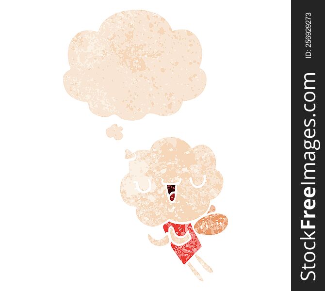 Cute Cartoon Cloud Head Creature And Thought Bubble In Retro Textured Style