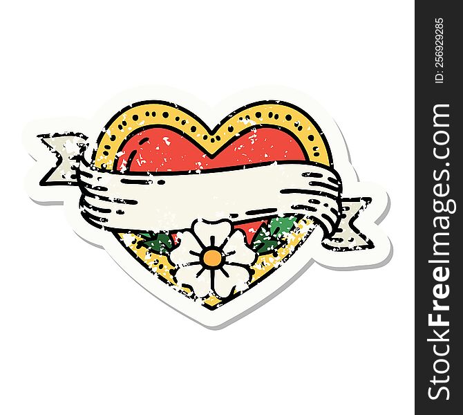 distressed sticker tattoo in traditional style of a heart and banner with flowers. distressed sticker tattoo in traditional style of a heart and banner with flowers