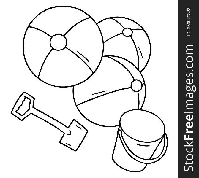 hand drawn line drawing doodle beach balls with a bucket and spade