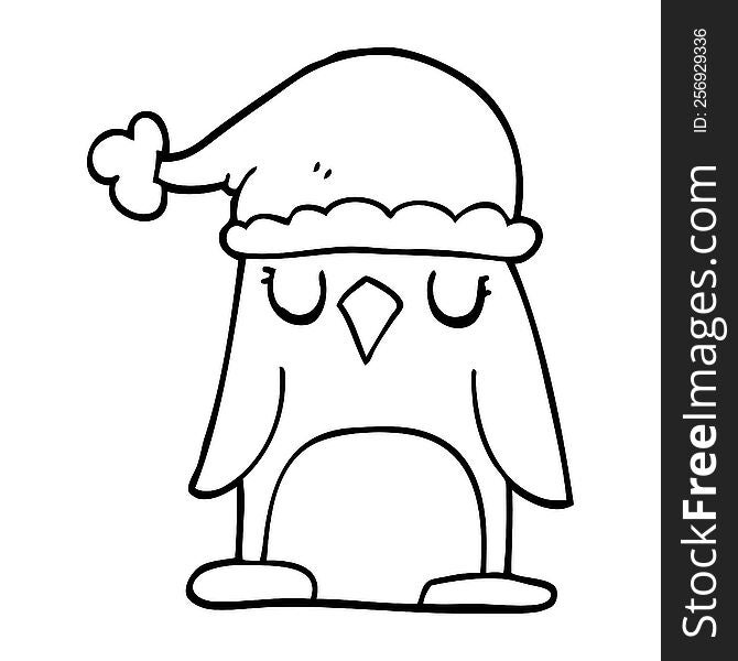 Line Drawing Cartoon Penguin Wearing Christmas Hat