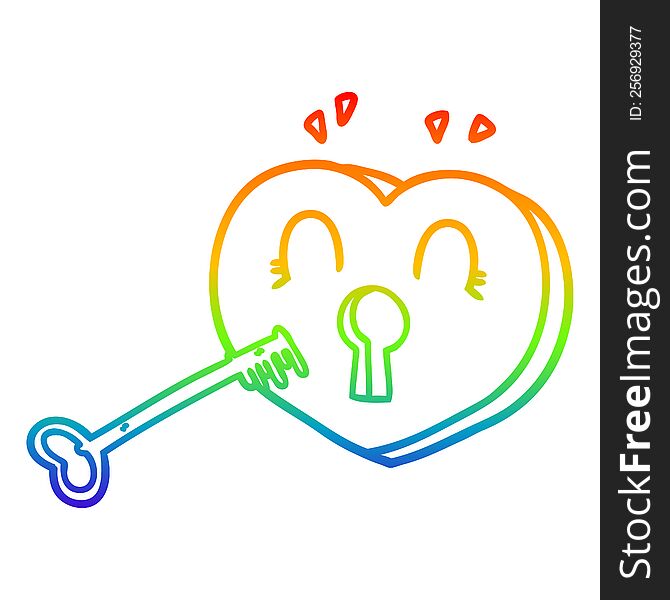 Rainbow Gradient Line Drawing Cartoon Heart With Key