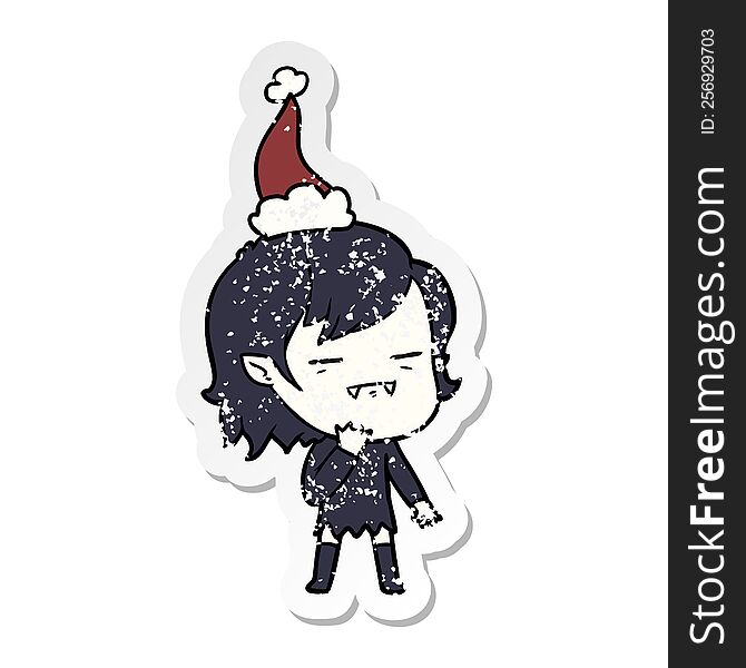 hand drawn distressed sticker cartoon of a undead vampire girl wearing santa hat