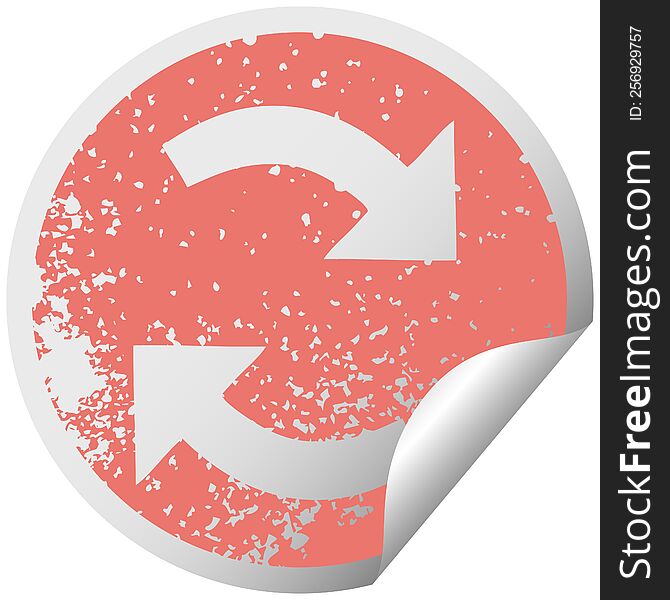 distressed circular peeling sticker symbol of a recycling arrows