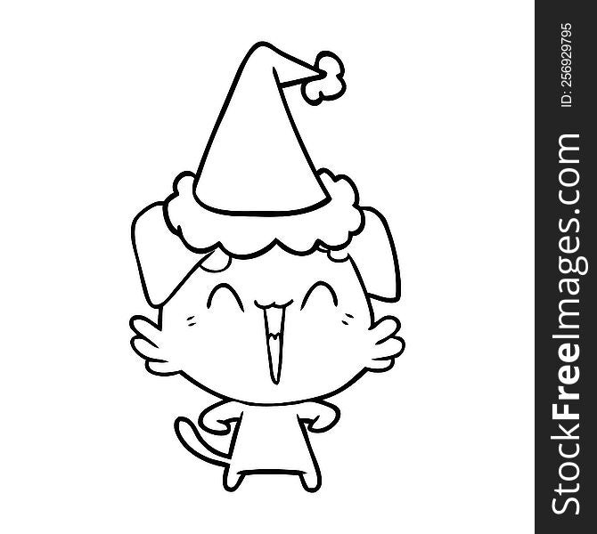 Happy Little Dog Line Drawing Of A Wearing Santa Hat