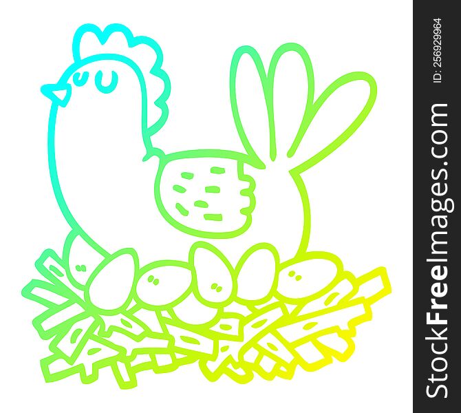 cold gradient line drawing cartoon chicken on nest of eggs